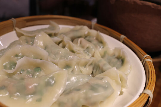 Steamed Chinese pork with chive dumplings served in a restaurant at Zhangjiajie city, Hunan Province of China