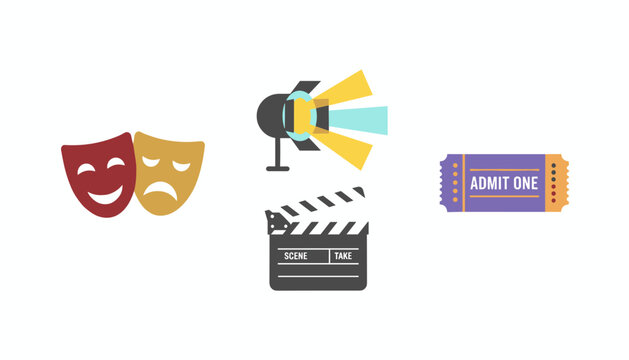 Collection of movie and theater elements including comedy tragedy masks, a spotlight, a clapperboard, and a purple ticket.