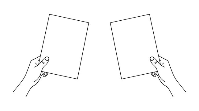 Two hands delicately peeling back the corners of blank papers in a minimalist line art style on a white background