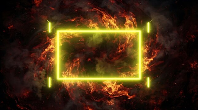 Neon frame glowing against a dramatic backdrop of intense fire and sparks creating a fiery visual effect