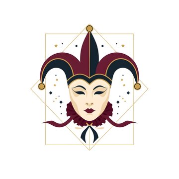 Jester mask vector illustration, maroon and black hat, geometric lines, white background