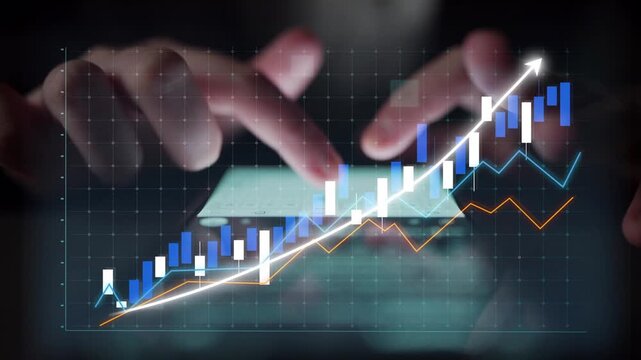 A focused work environment featuring hands manipulating a tablet displaying a stock chart, symbolizing financial growth and modern business strategies. Copula
