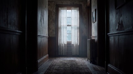 Fototapeta premium A dark hallway in a British apartment, with a curtained window at the far end