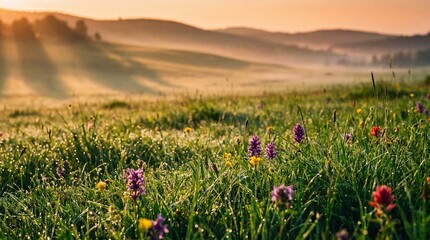 Obraz premium A meadow scene with the morning sun streaming in
