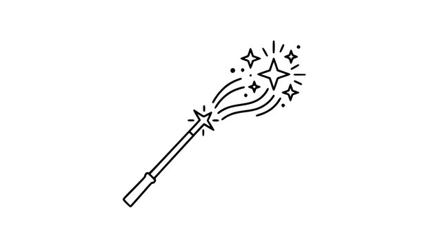 Hand drawn doodle of a magic wand emitting sparkles and magical energy isolated on white background