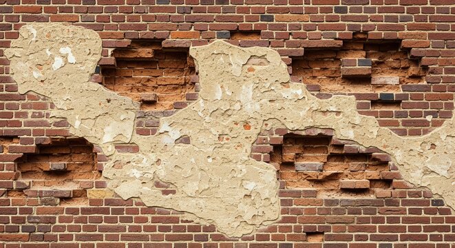Weathered red brick wall with peeling cream plaster exposing damaged layers. Multiple holes and cracks create a textured, aged appearance. Ideal for backgrounds showing urban decay or restoration.