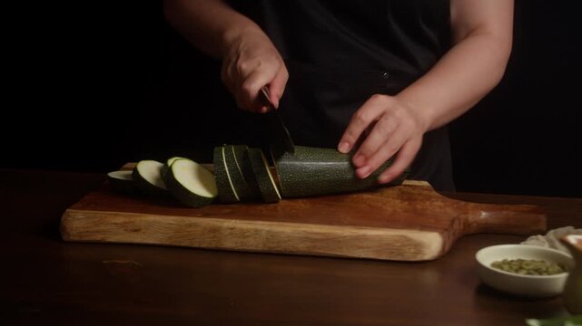 Close-up of a cook slicing a fresh zucchini into even pieces with a kitchen knife on a rustic wooden cutting board. Food preparation in a cozy home kitchen.