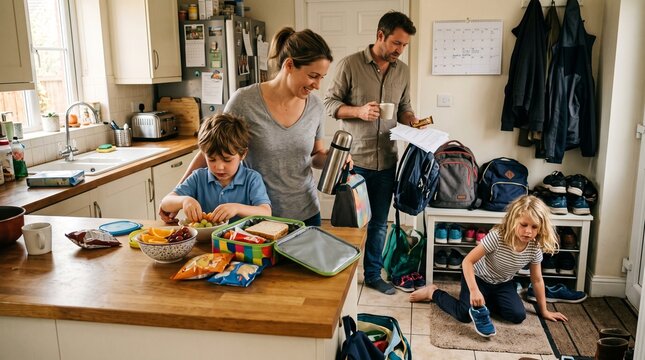 Family preparing school lunches together in busy kitchen during a cheerful weekday morning routine
