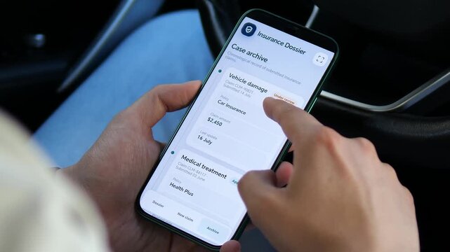 User reviews digital car insurance coverage and claim history on a smartphone, highlighting insurtech, mobile policy management and the shift toward paperless insurance services.
