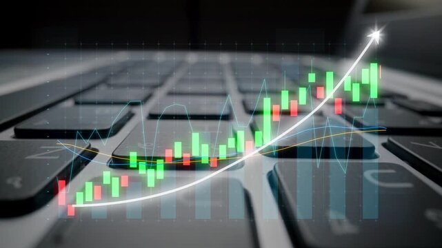 Capture the essence of financial growth with a colorful candlestick graph overlaying a laptop keyboard, representing the dynamic nature of stock markets and investment trends. Copula
