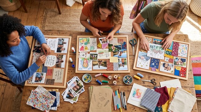 Three women creating colorful scrapbook collages together at a wooden table in a cozy craft room