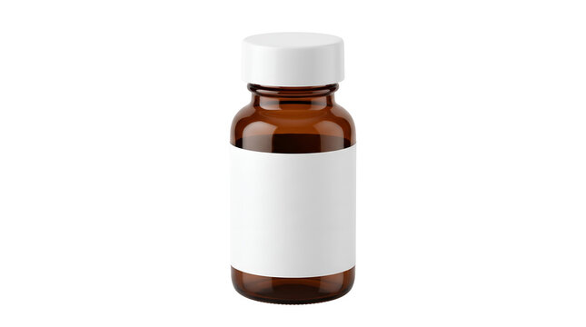 Small brown medicine bottle with blank white label and white plastic cap
