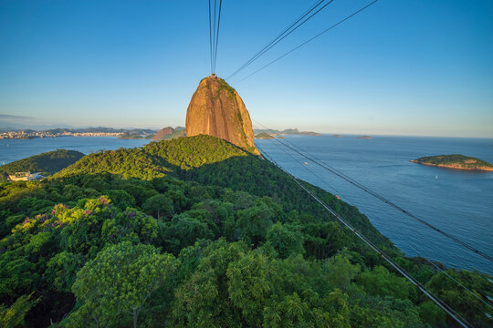 Sugarloaf Mountain with cable car wires in Rio de Janeiro, wide panoramic Brazil travel background with copy space
