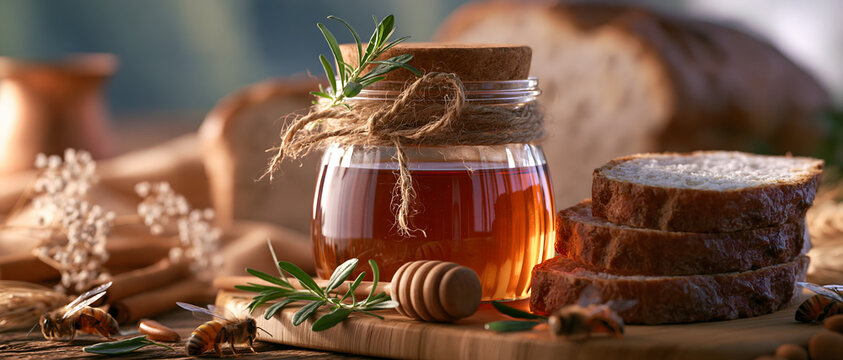 Glass jar of honey with bread and bees on a wooden surface amber colored apiary apiculture bee beekeeping breakfast close up culinary delicious dessert food
