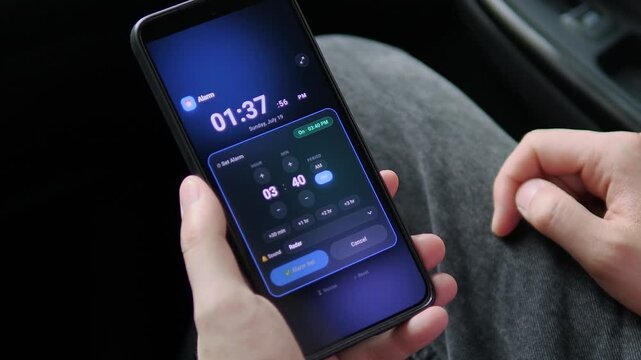 A user sets an afternoon alarm on a smartphone inside a car, capturing modern time management, flexible scheduling and the digital routine behind productive daily planning.