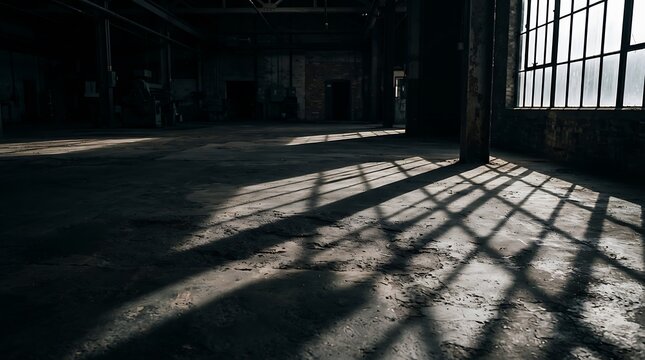 Dramatic light and shadow fall across the concrete floor of an abandoned industrial warehouse with large windows and decaying architecture