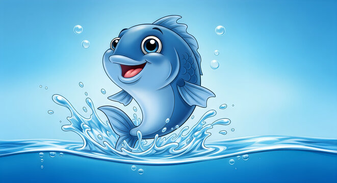 Cute cartoon fish jumping out of water with a happy smile in the blue ocean