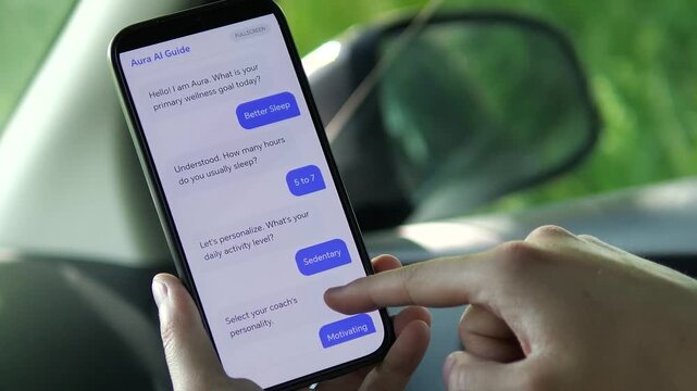 Mobile AI wellness chatbot inside a car. User customizes sleep, activity, and coach style before activating a monthly subscription. Perfect for AI health apps, subscription commerce, and lifestyle