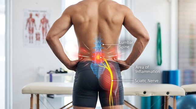 Sciatic nerve pain medical illustration, lumbar spine inflammation on male back, sciatica anatomy diagram for physical therapy
