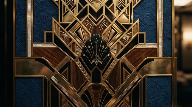 Intricate art deco style elevator doors with geometric patterns and luxurious gold accents create a glamorous interior design element