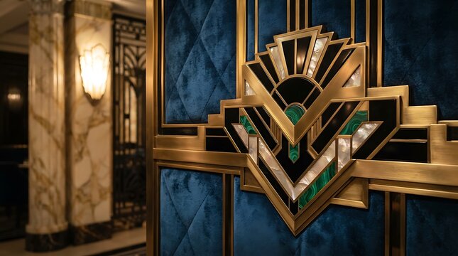 Luxurious art deco interior detail showcasing gold geometric patterns and malachite inlay on a deep blue velvet wall paneling