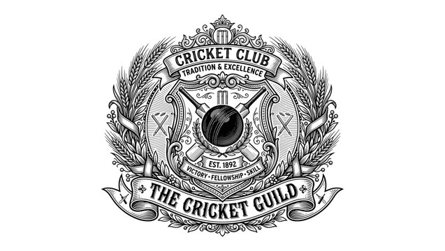 The Cricket Guild Emblem Features a Detailed Crest with a Central Cricket Ball, Crossed Bats, Laurel Wreaths