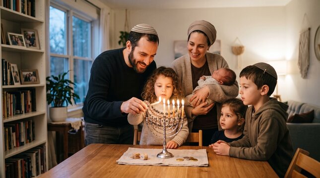 Jewish family lighting menorah candles with children and newborn during hanukkah in warm home interior