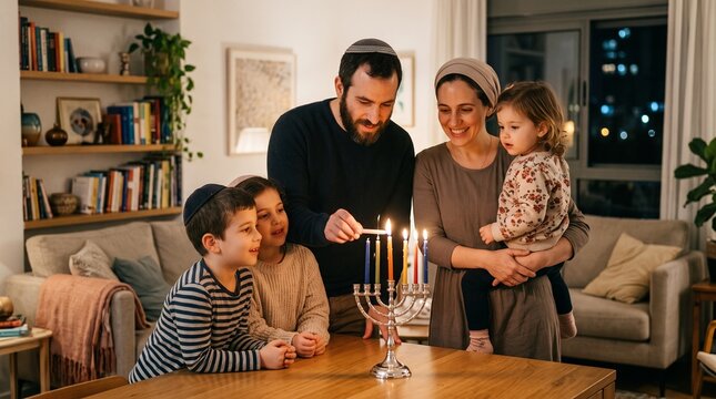 Family lighting hanukkah menorah together in warm living room during peaceful evening celebration