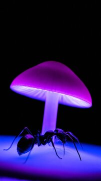 Ant approaching glowing purple mushroom in dark fantasy