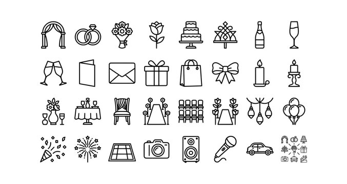 Set of wedding and event planning line icons, including rings, flowers, cake, champagne, gifts, and celebration symbols for marriage ceremonies