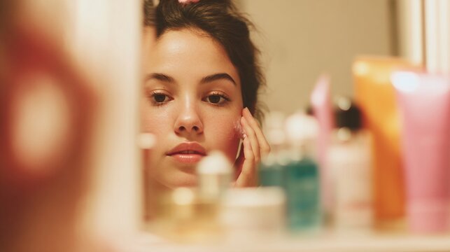 Beautiful young woman applying moisturizing cream on her face while looking into the bathroom mirror reflection