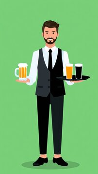 Smiling barman serving beer and drinks on tray