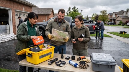 Naklejka na ściany i meble Community emergency team preparing flood response supplies in rainy suburban neighborhood with rescue equipment and map