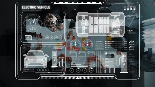 Explore a detailed digital interface for electric vehicles that highlights battery performance metrics and charging information, showcasing modern technology trends in automotive design. Raster