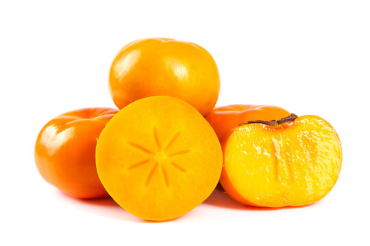 Fresh Persimmons from Shaanxi Guangxi China Whole and Sliced Orange Fruit White Background
