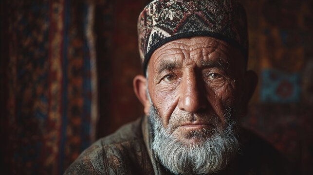 Elderly man with weathered skin and white beard wearing traditional patterned hat looking at camera lens