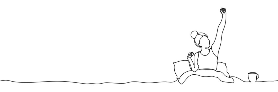 Line woman art continuous drawing breath girl free freedom illustration. Up line silhouette art woman graphic yoga youth student arm wake vector sketch creative exercise person morning bed white.