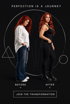Before and after beauty transformation of young women in stylish casual and elegant evening outfits