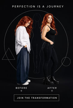 Woman showing body transformation before and after weight loss on black background