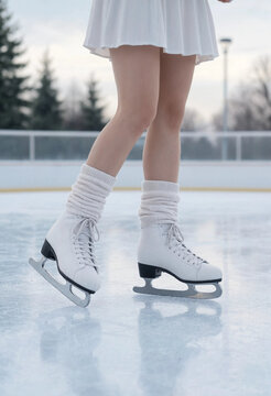 Woman wearing white ice skates on outdoor rink, winter sports activity and leisure concept