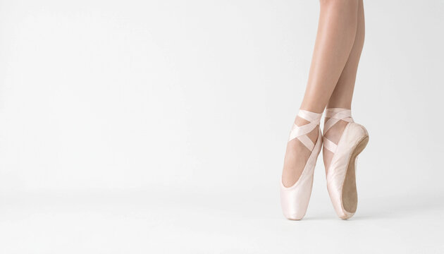 Ballerina feet in pointe shoes standing on toes, professional ballet dancer legs closeup.