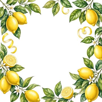 Vibrant lemon branches with leaves and blossoms create a fresh, sunny border on white