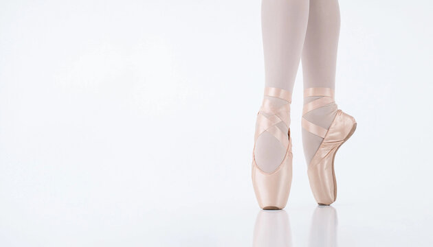 Ballerina feet in pink pointe shoes performing a graceful dance pose on white background.