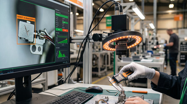 Industrial machine vision inspection with digital caliper and defect analysis monitor in precision manufacturing facility
