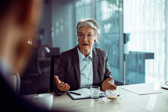 Senior businesswoman leading discussion in modern office