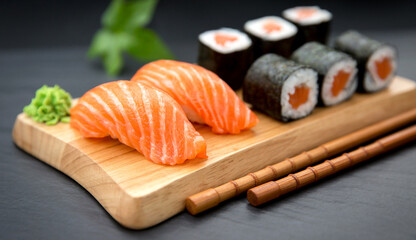 Fresh salmon nigiri and maki sushi rolls served on a natural wooden board with wasabi on a dark slate background high angle food photography © Arslan saeed