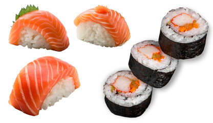 Assorted fresh salmon nigiri and crab meat maki sushi rolls isolated on transparent background PNG for culinary design menu layouts © Arslan saeed