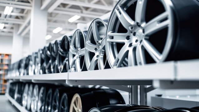 Rows of alloy car wheels on display racks in a modern tire shop. Automotive parts inventory and automotive store interior.