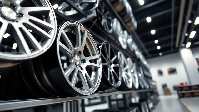 A perspective view of automotive alloy wheels arranged on shelves in a tire shop. Tire inventory, car maintenance equipment.