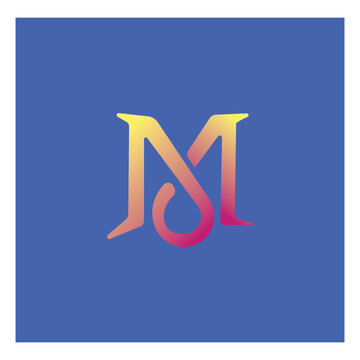 Modern abstract letter M logo featuring a smooth yellow, orange and pink gradient design on a solid blue background. Clean geometric lettermark with a contemporary minimalist appearance, suitable for 
